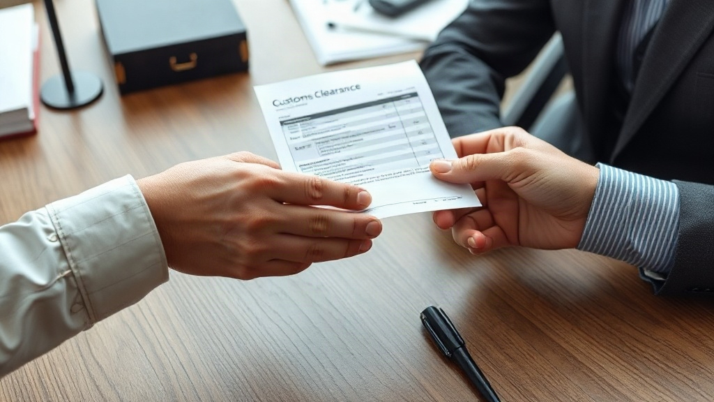 two business hands exchanging shipping documents and a customs clearance folder over a wooden office desk, professional 