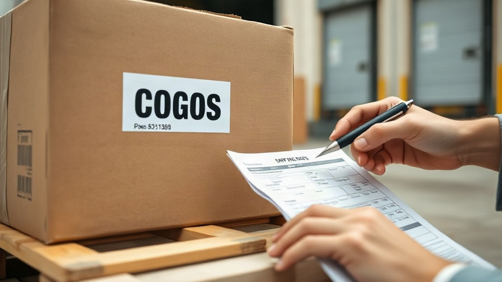 close-up of a shipping cargo box on a pallet with a shipping label and customs documents, a hand placing a pen on the pa