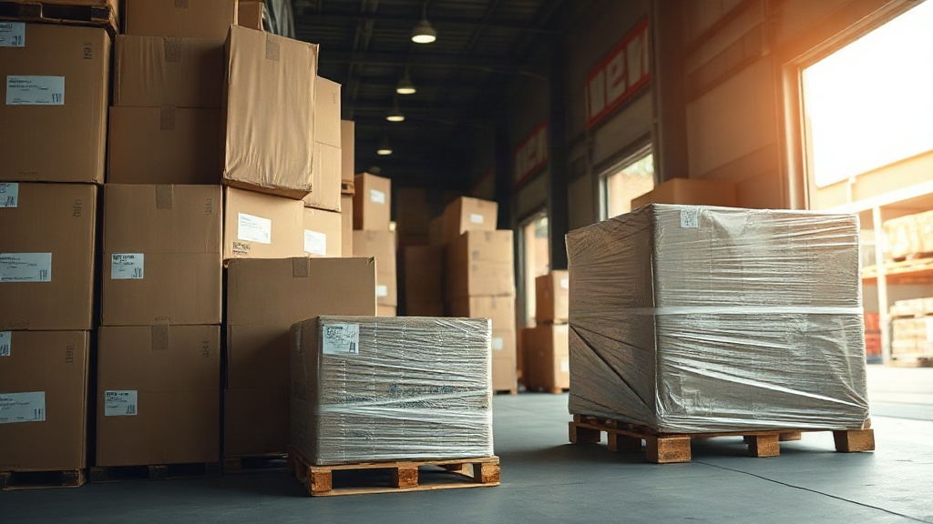 Warehouse interior with stacked cardboard shipping cartons and wooden pallets wrapped in plastic film, a loaded cargo pa