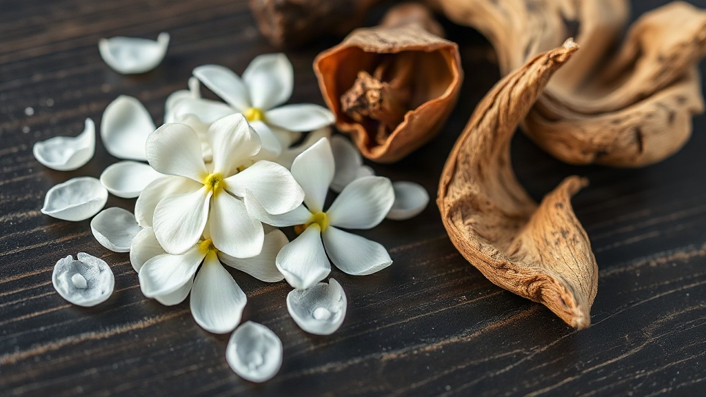 Macro photograph of fresh white jasmine blossoms scattered next to dried bergamot peel and a raw piece of oud wood on a 