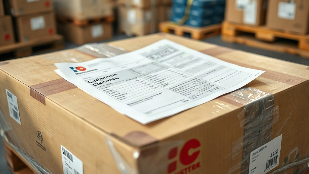 customs clearance paperwork and a shipping manifest resting on a sealed wooden pallet of boxes at a cargo terminal, impo