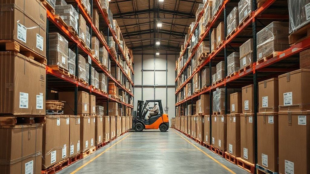 a wide shot inside a modern wholesale fragrance warehouse, rows of wooden pallets stacked with sealed cardboard shipping