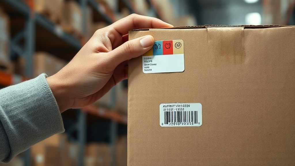 close-up of a hand inspecting a sealed cardboard shipping carton with an authenticity hologram sticker and a barcode lab