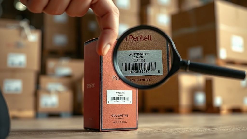 close-up macro photo of a hand inspecting a perfume box authenticity hologram sticker and batch code with a magnifying g