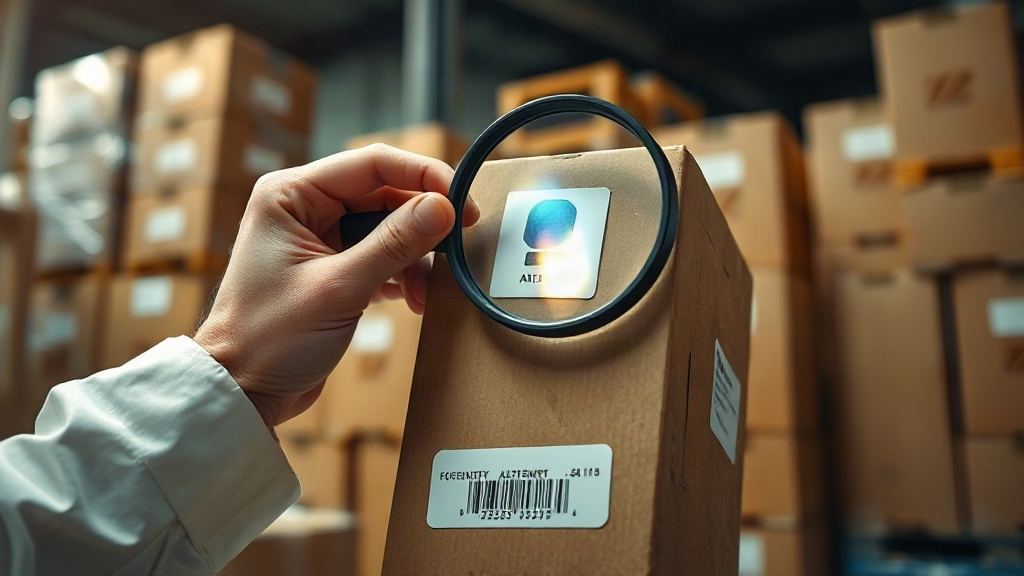 warehouse worker's hands inspecting a holographic authenticity seal on a sealed perfume packaging box, magnifying g