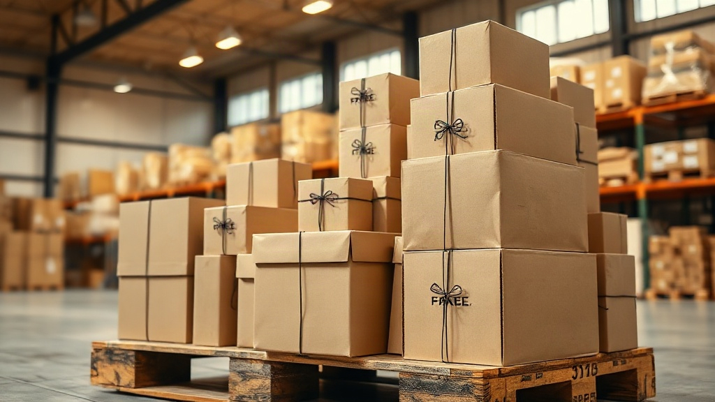 Stack of sealed luxury perfume gift boxes and plain cardboard shipping cartons arranged on a wooden pallet inside a brig