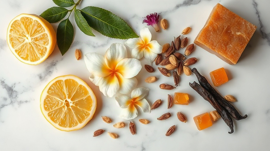 overhead flat lay of raw perfume ingredients including bergamot slices, jasmine flowers, cardamom pods, vanilla pods and