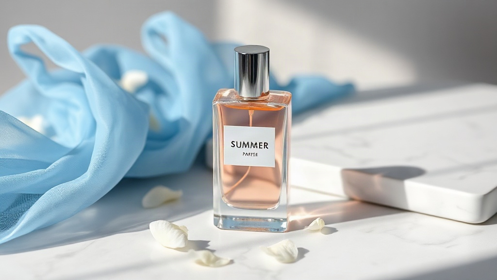 elegant unisex perfume bottle for a summer fragrance standing on a white marble surface beside a folded sheer blue fabri