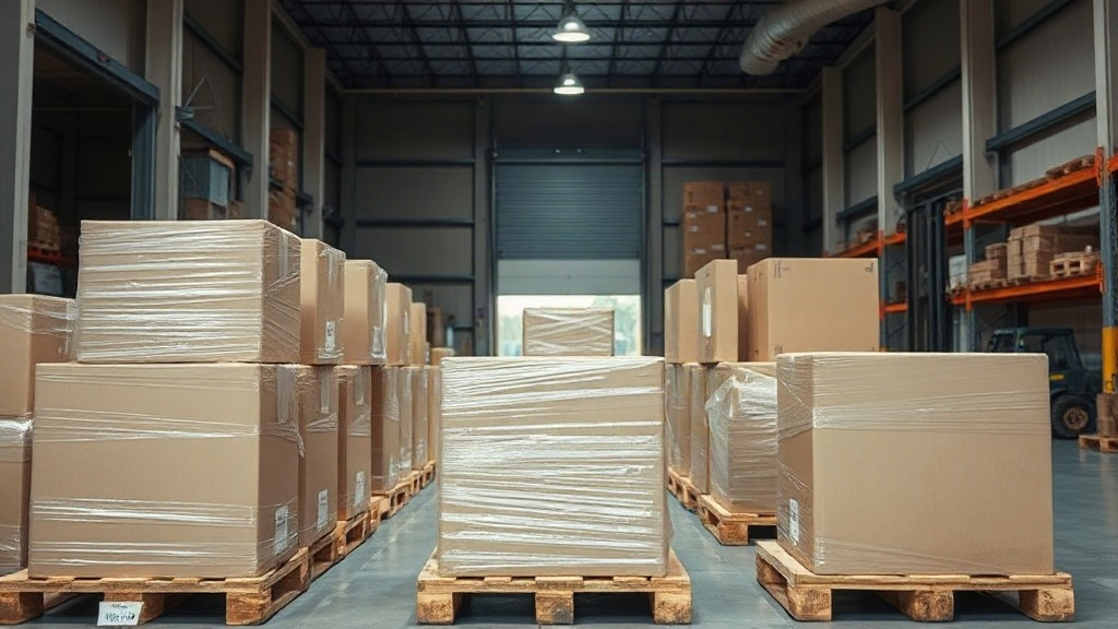 wide shot of a logistics warehouse interior with stacked cardboard shipping cartons wrapped in clear plastic film on woo