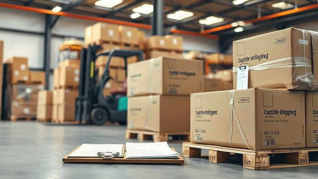 wide shot of a logistics warehouse with stacked cardboard shipping cartons on wooden pallets, a forklift in the backgrou