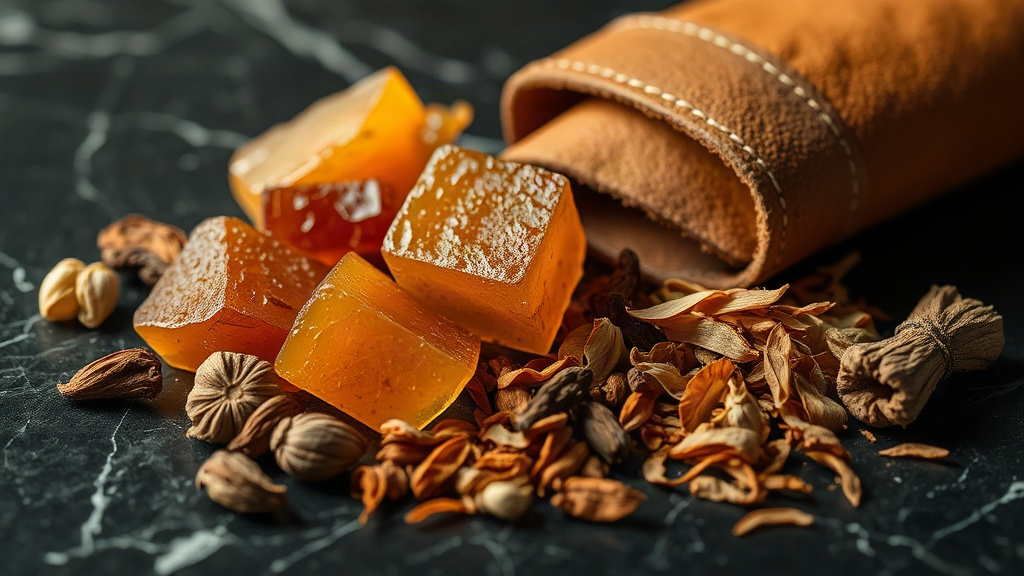 close-up still life of raw perfumery materials on a dark marble surface - chunks of amber resin, pieces of tanned leathe