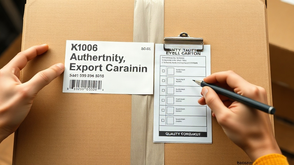 sealed cardboard export carton with an authenticity hologram sticker and barcode label, a clipboard with a quality contr