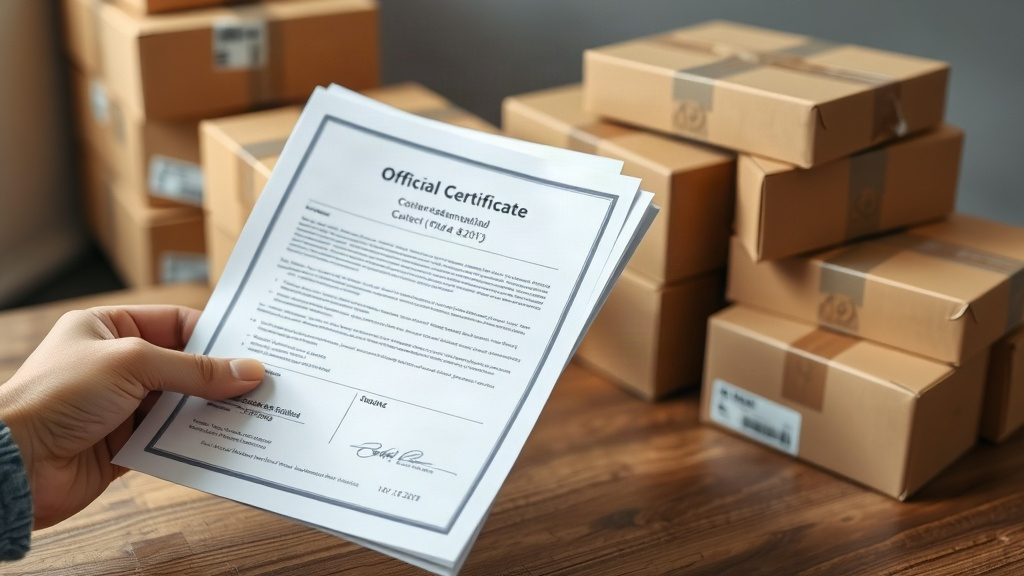 Close-up of a hand holding official certificate documents beside neatly stacked sealed cardboard shipping boxes on a woo