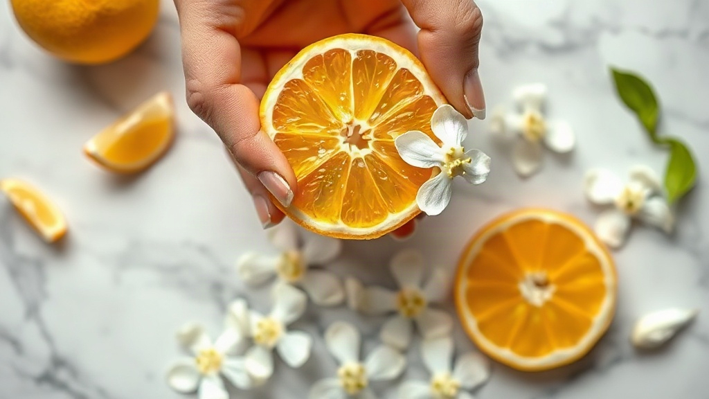 Close-up photo of a hand gently holding fresh bergamot citrus fruit and white jasmine petals above a polished marble cou