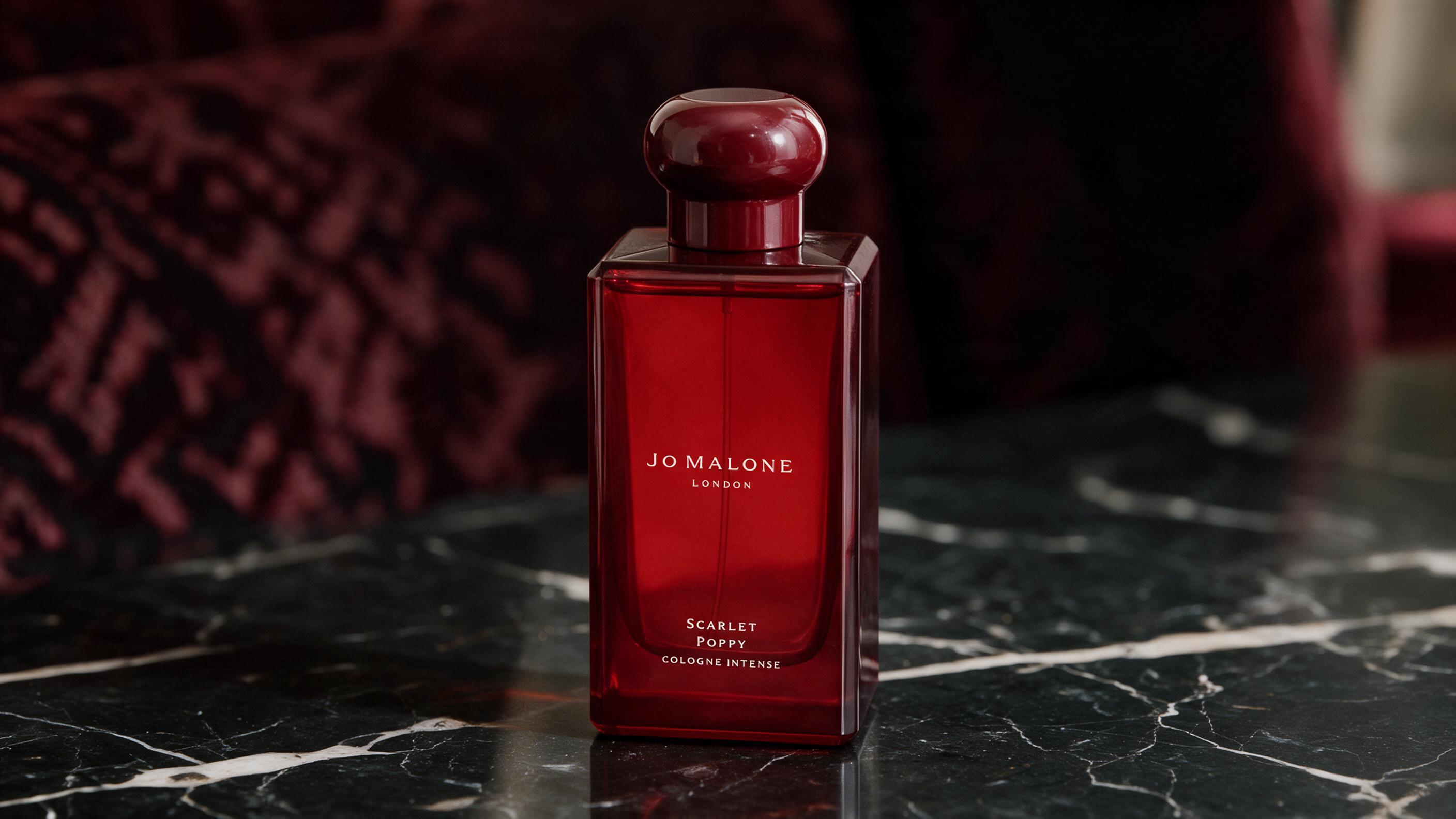 elegant Jo Malone London perfume bottle, red and black color scheme reminiscent of Scarlet Poppy Cologne Intense, minima