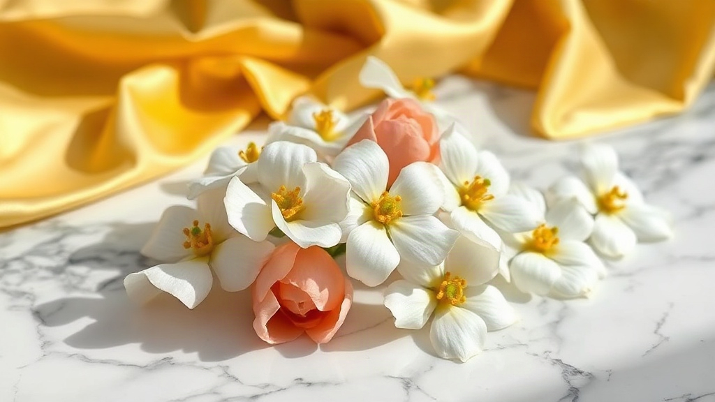 elegant still life of fresh mimosa and jasmine flowers arranged on a polished marble surface with a piece of flowing yel