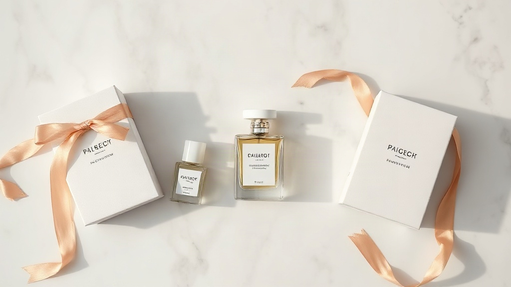 Flat lay photograph of elegant minimalist perfume packaging boxes with silk ribbon accents arranged on a polished white 