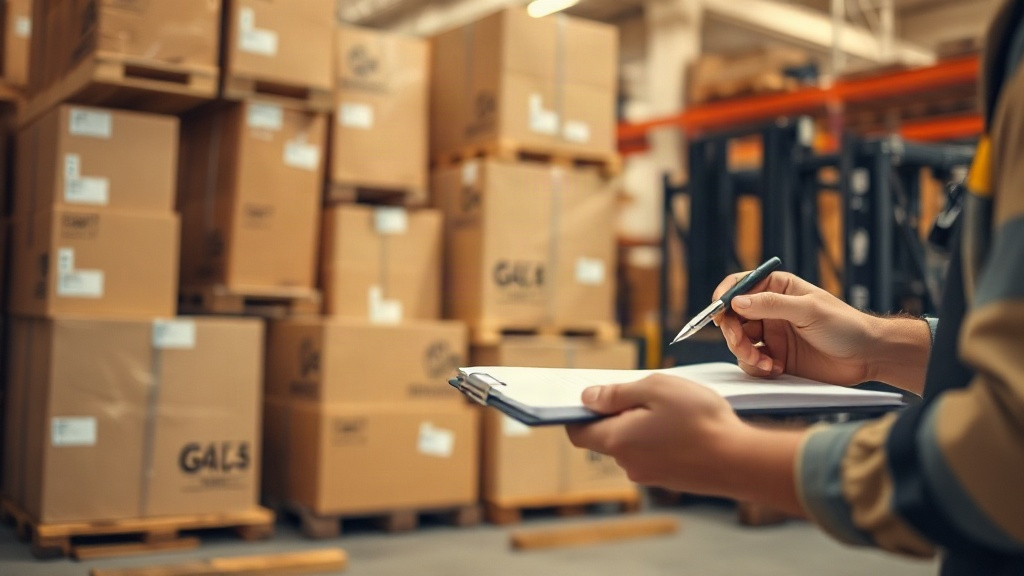 warehouse interior with stacked wooden pallets loaded with sealed cardboard shipping cartons, forklift forks visible nea
