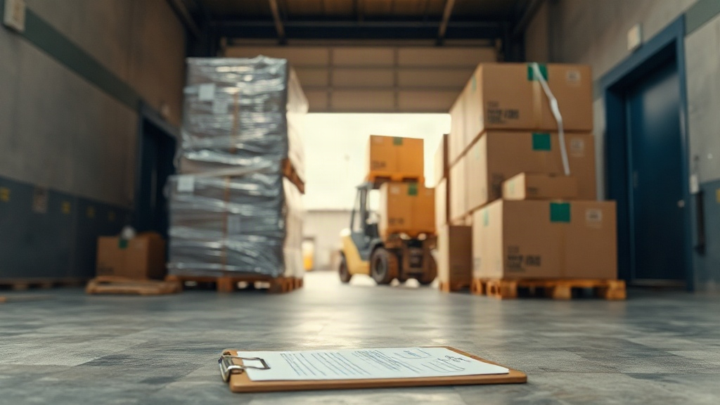 warehouse loading dock with shrink-wrapped cargo pallets and cardboard shipping boxes stacked for export, a forklift in 