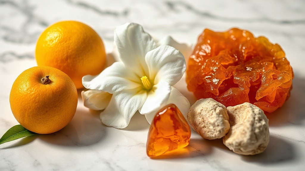 fresh bergamot fruits, blooming white jasmine flowers, and raw amber resin arranged on a polished marble surface under s