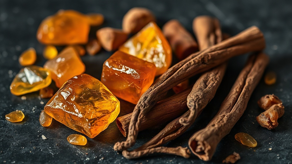 close-up macro shot of amber resin chunks, dried oud wood pieces, cinnamon sticks and vanilla pods arranged on a dark te