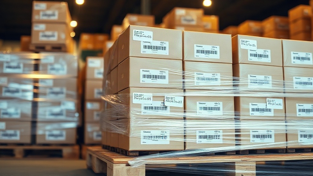 stacked sealed perfume boxes with authenticity hologram stickers and batch code labels on a wooden warehouse pallet, wra