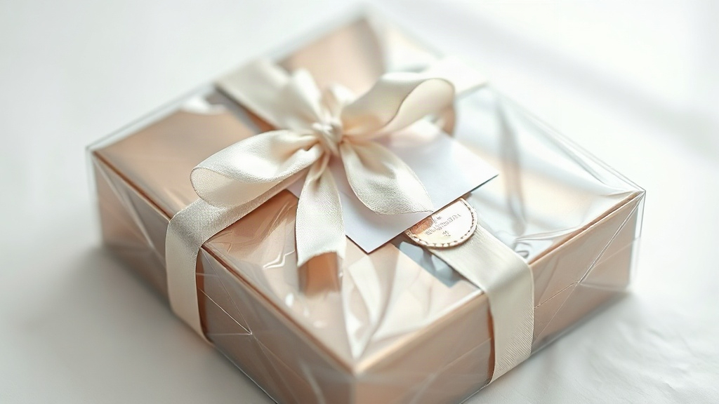 close-up of a sealed luxury perfume gift box wrapped in clear cellophane with a holographic authenticity seal and a sati