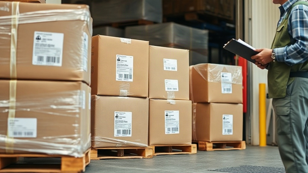 Export cargo cartons being prepared on a loading dock, sealed boxes with shipping labels and barcodes, pallet wrap visib