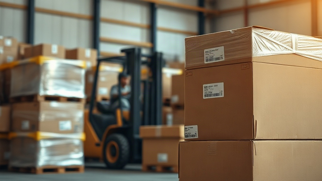 warehouse interior with stacked cardboard shipping boxes and shrink-wrapped pallets, forklift blurred in the background,