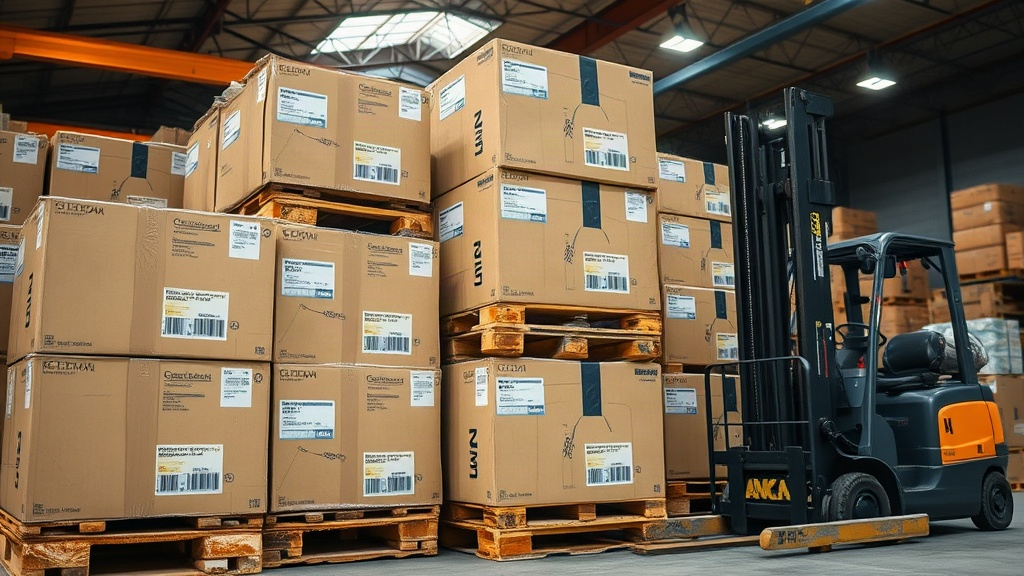 wooden shipping pallets stacked with sealed cardboard export cartons in a logistics warehouse, customs clearance stamps 