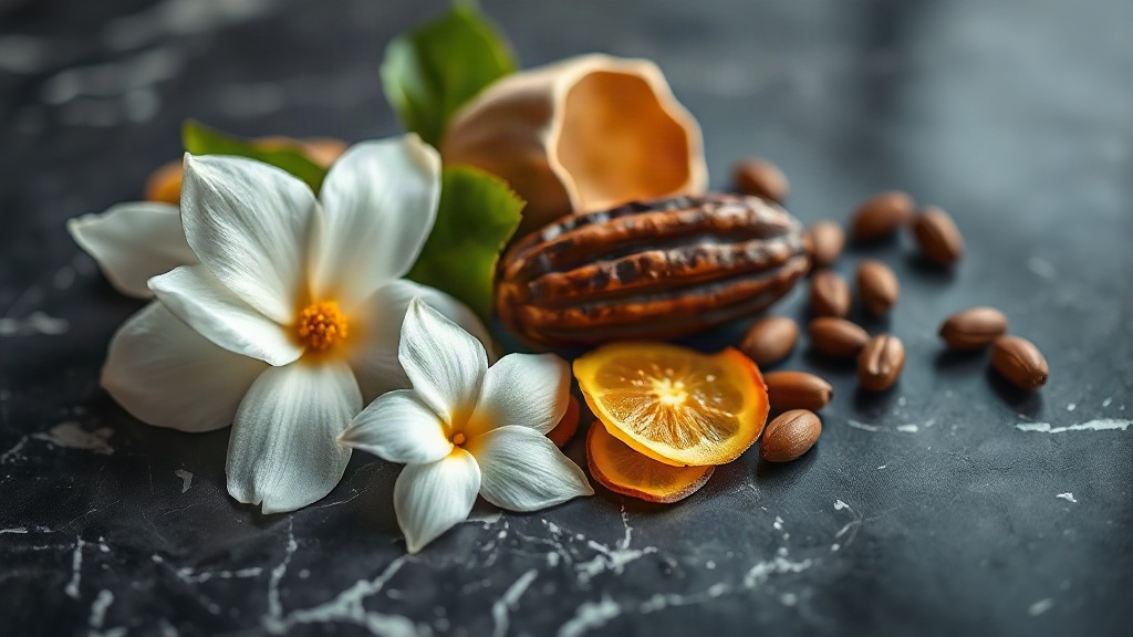 close-up still life of raw perfumery ingredients for a floral gourmand fragrance — fresh jasmine blossoms, tuberose flow