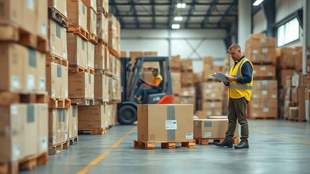 Wide photograph of a modern warehouse interior with stacked wooden pallets and sealed cardboard export shipping boxes, a
