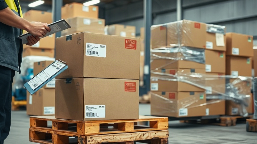 warehouse scene with stacked cardboard shipping cartons on a wooden pallet, a worker's hand checking a shipping lab