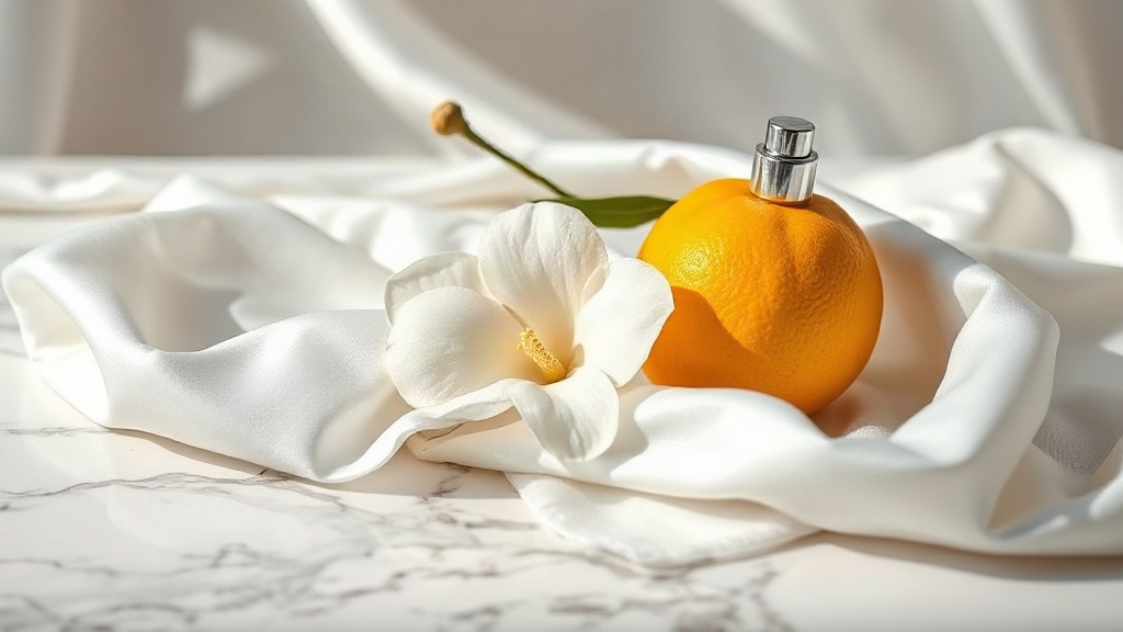 elegant still life of fresh bergamot fruit, blooming jasmine flowers, soft ivory silk fabric draped over a polished marb
