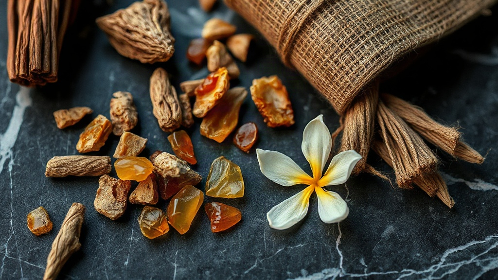 Close-up still life of raw perfumery ingredients including dried oud wood chips, amber resin pieces, dried jasmine flowe