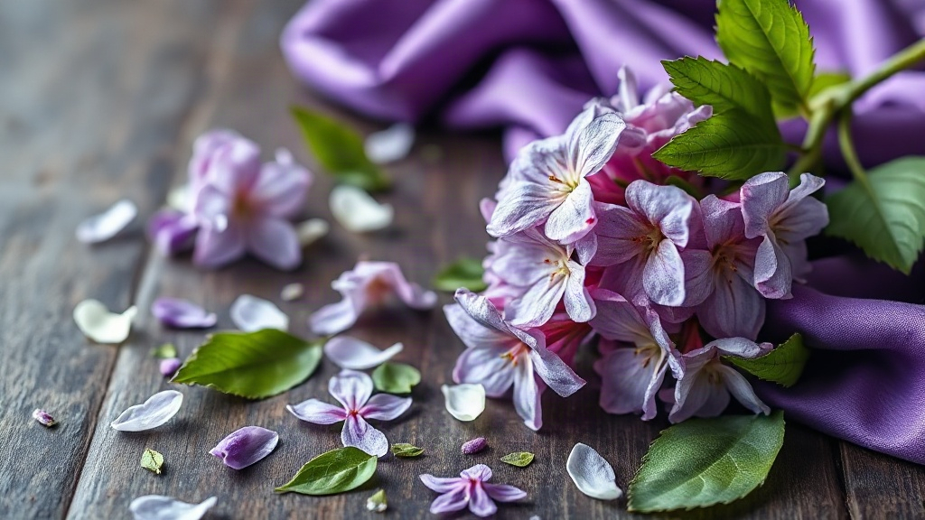 macro photo of fresh lilac and violet flowers with green leaves scattered on a dark wooden surface next to a folded piec