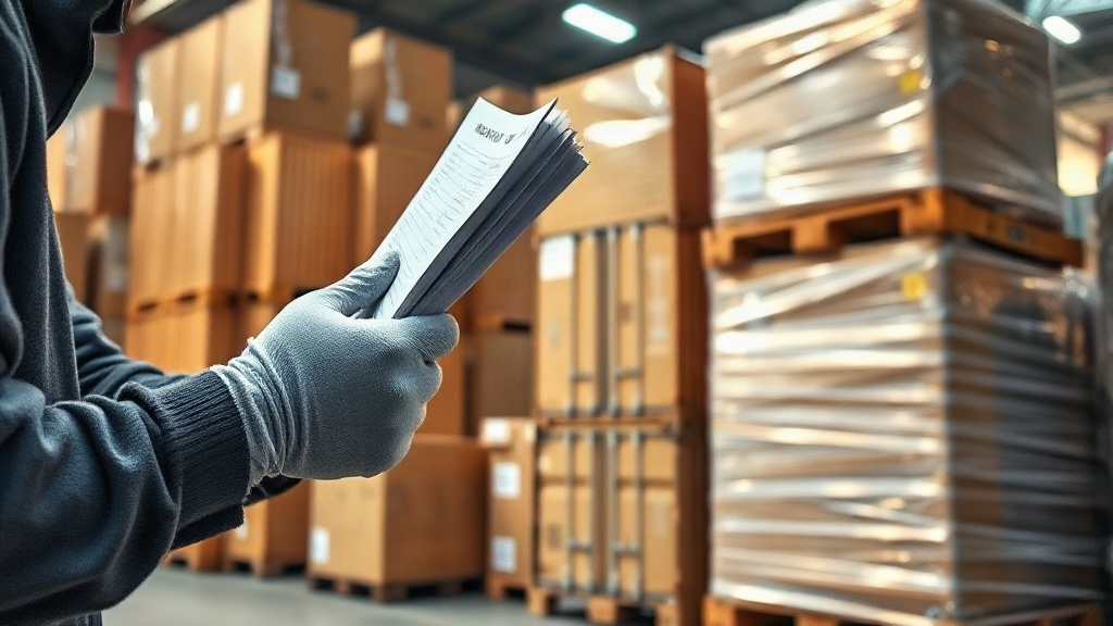 Warehouse worker's gloved hand checking a shipping manifest next to stacked cardboard boxes and shrink-wrapped pall