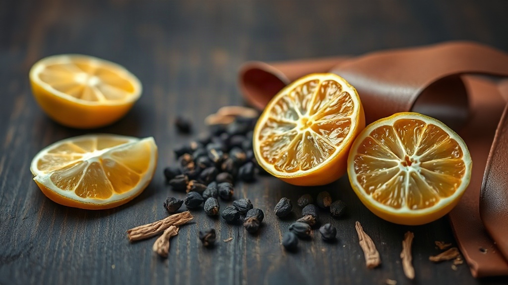 still life of raw perfumery ingredients on a dark wooden table, bergamot citrus fruits cut in half, black peppercorns sc