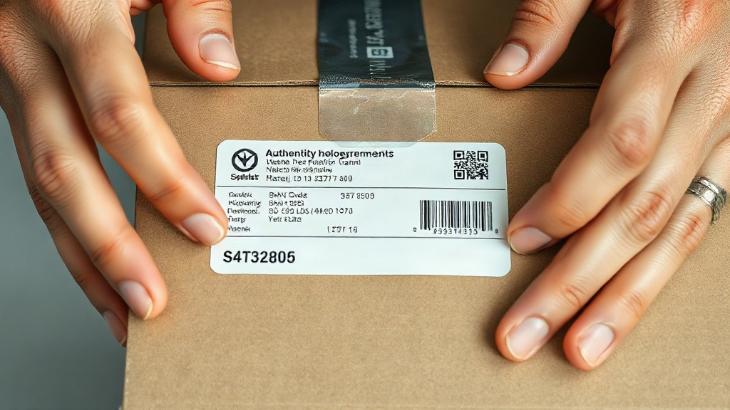 Close-up of a sealed cardboard shipping carton with a visible authenticity hologram sticker and batch code label, a pair
