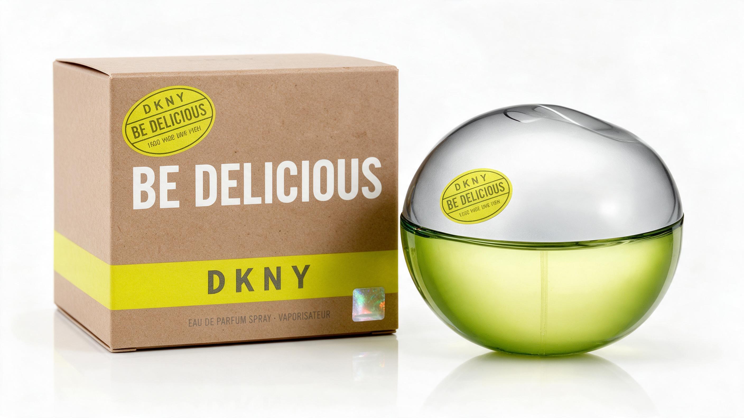 Elegant studio product photography of a clear glass perfume bottle with a green apple-shaped cap, placed next to its bra