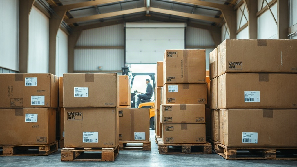 warehouse interior with stacked wooden pallets of sealed cardboard shipping cartons, a forklift in the background, shipp