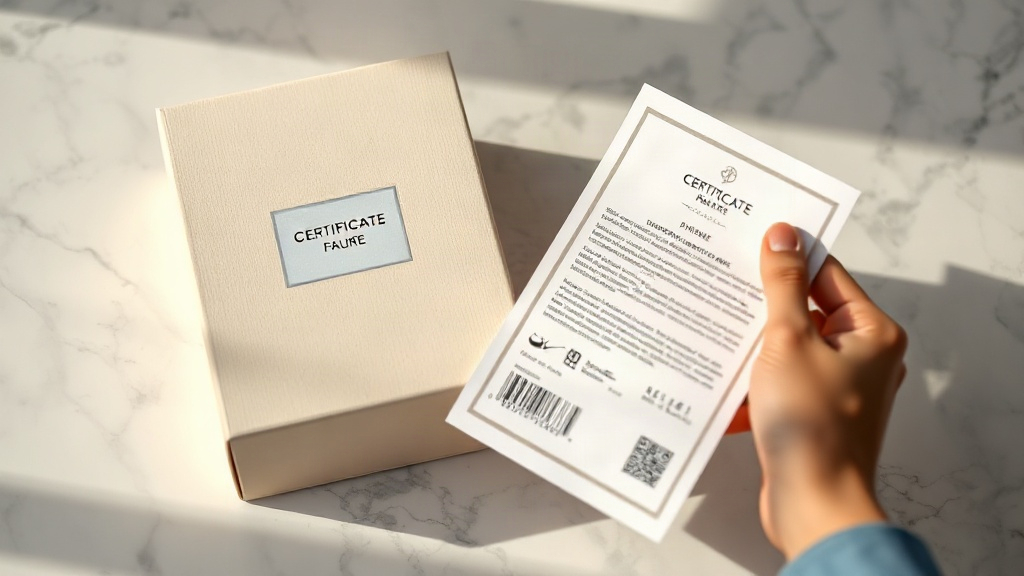 sealed outer perfume carton box with a holographic authenticity sticker and scannable barcode label, a hand holding a pr