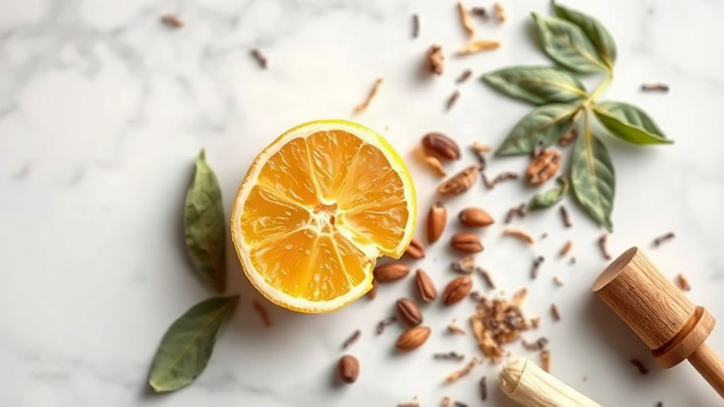 Flat lay of perfume raw materials on a white marble surface, fresh bergamot citrus halves, dried sage leaves, scattered 