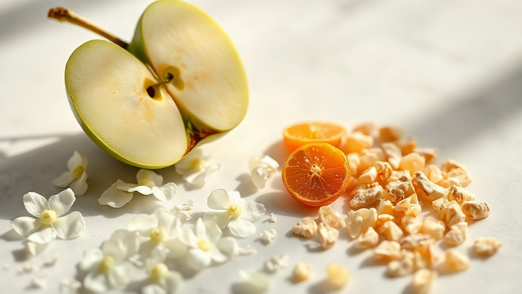 A close-up still-life composition of a halved fresh green apple, scattered white jasmine petals, small bergamot citrus f