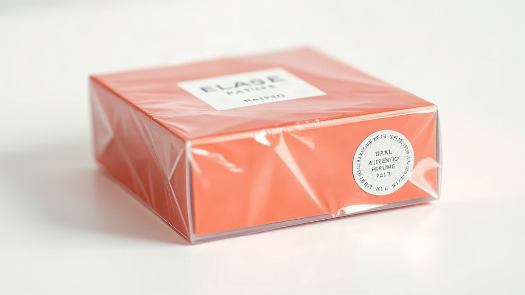 sealed perfume packaging box wrapped in clear cellophane with an authenticity hologram sticker visible on the corner, pl