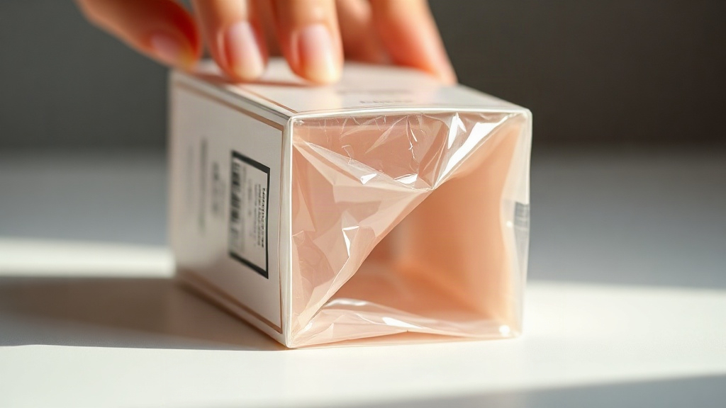 sealed outer perfume packaging box with intact cellophane wrap and a visible batch code sticker on the side, examined by