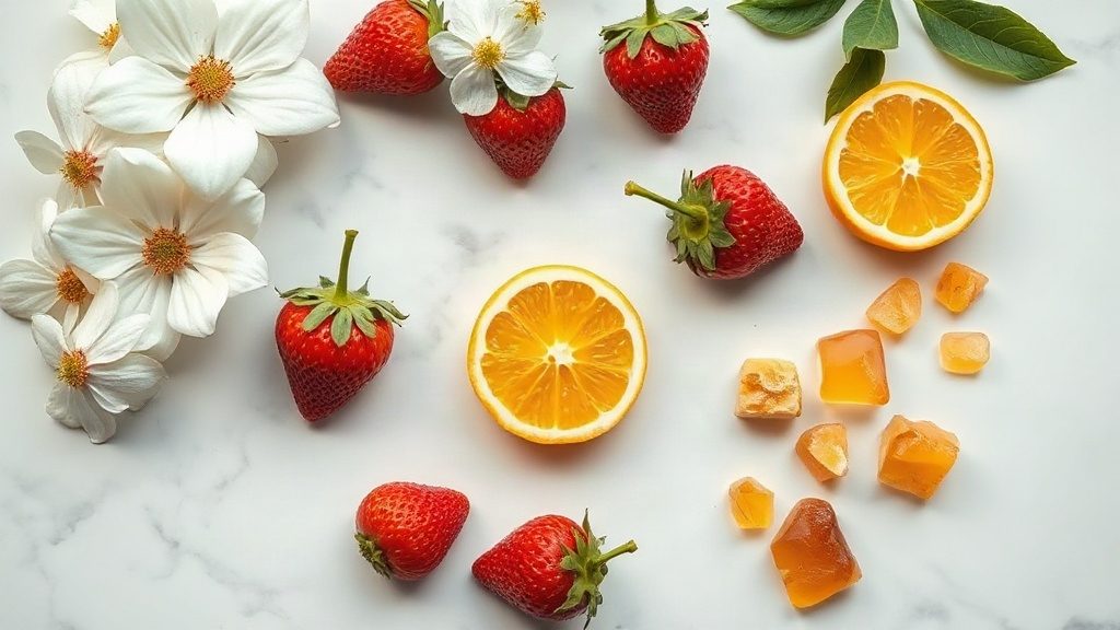 overhead flat lay on white marble surface of fresh jasmine flowers, ripe wild strawberries, bergamot citrus fruit halves