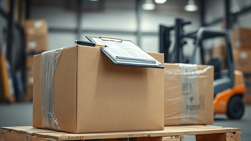 cardboard cargo boxes wrapped in stretch film on a shipping pallet inside an air cargo warehouse, a clipboard with custo