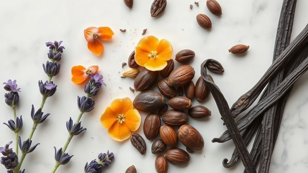 close-up flat lay of lavender sprigs, orange blossom flowers, cocoa beans and vanilla pods arranged on a white marble su