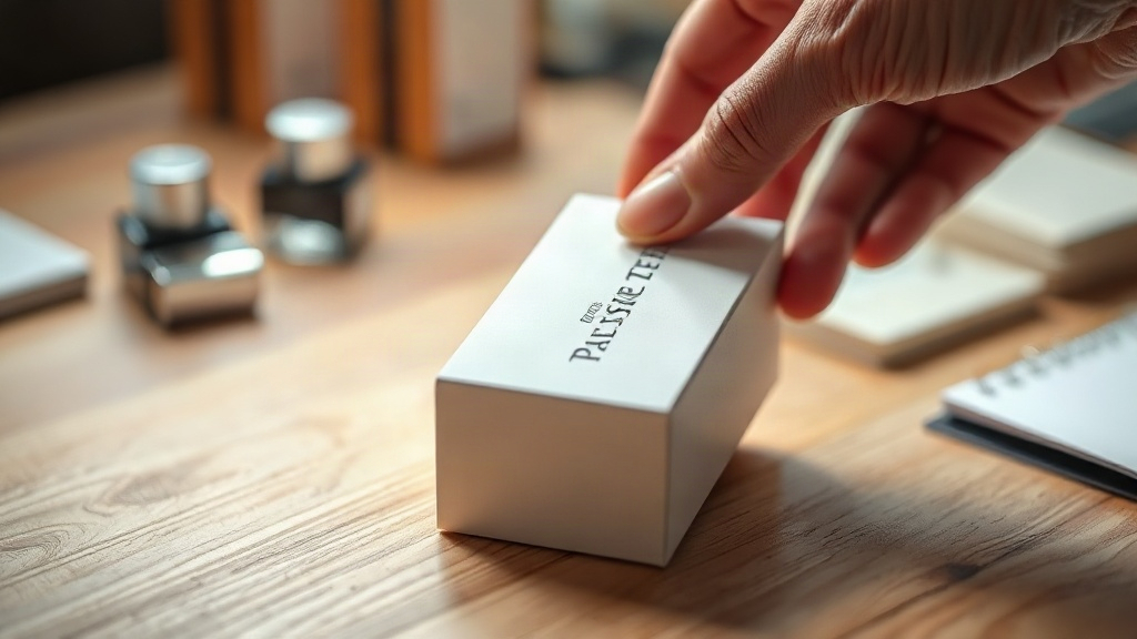 close-up photograph of a hand carefully inspecting a sealed perfume tester carton box on a wooden desk during a quality 